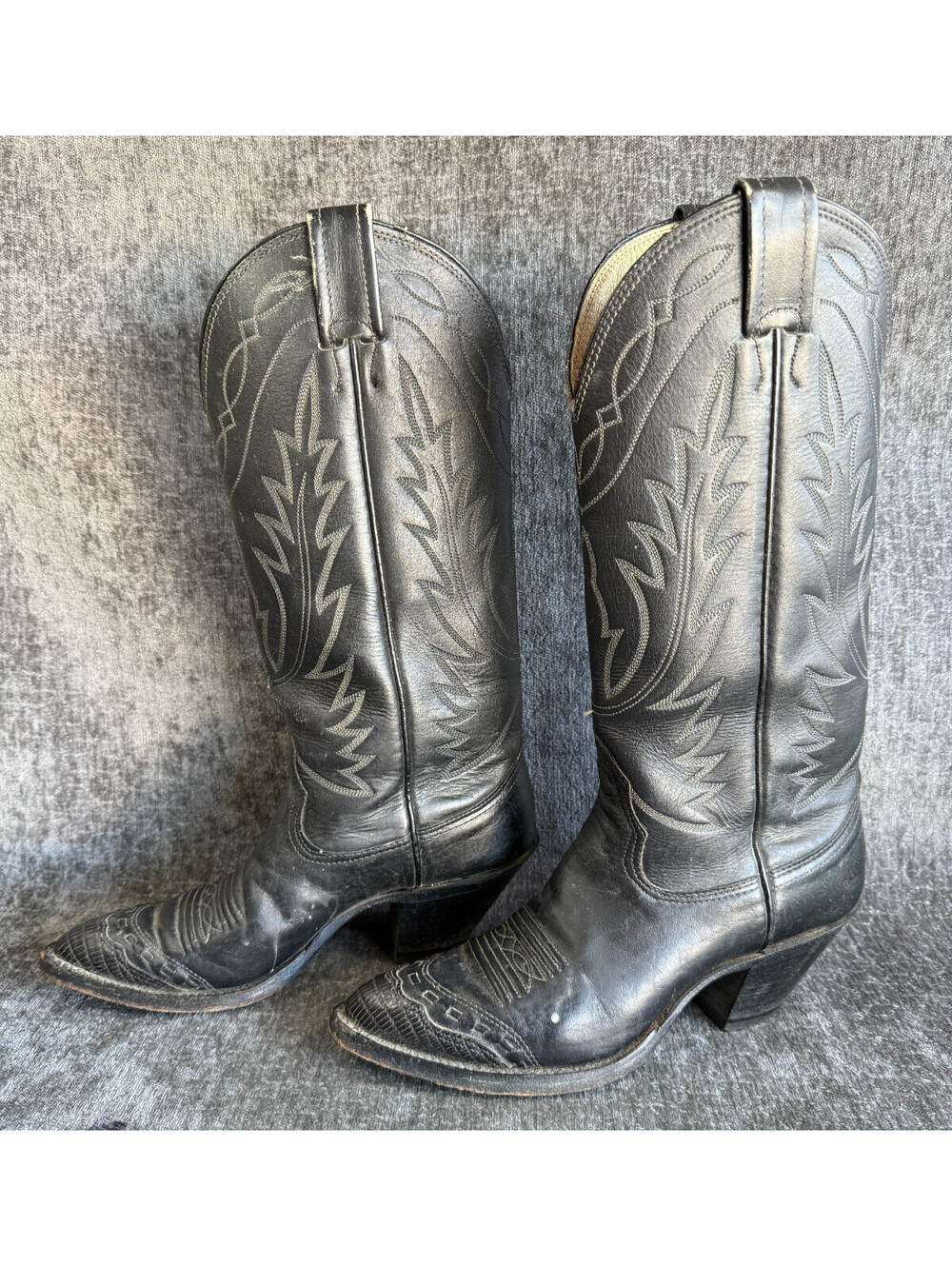 Vintage Nocona Womens Size 4 C Black Leather Lizard Wingtip Western Cowboy Boots